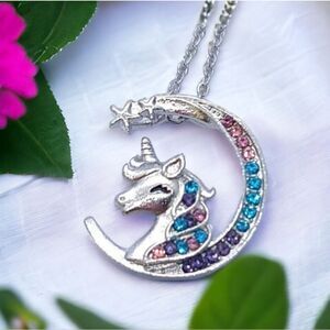 Unicorn Moon 🌙 Rhinestone Silver Necklace Girls Pendant Sparkly Fashion Jewelry